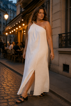 White linen shift maxi dress, lifestyle, warm afternoon stroll, light and airy