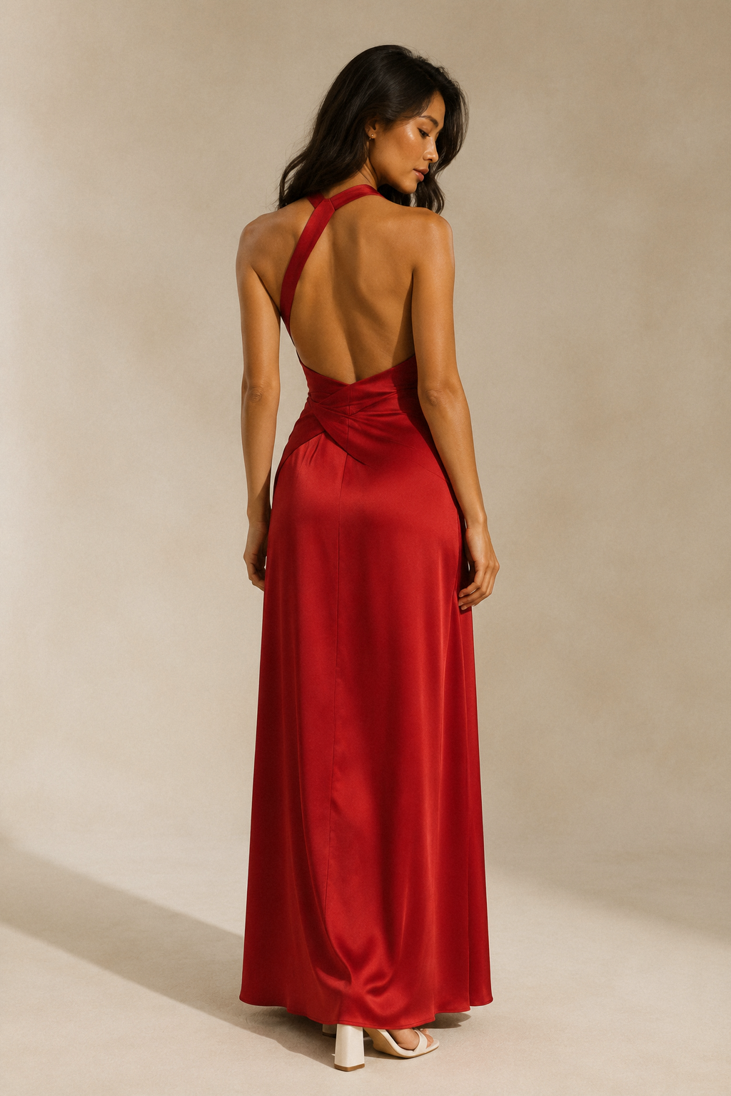 Red silk column maxi dress, back view, halter neck and flowing drape
