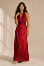 Red silk column maxi dress, full front view, column silhouette and flowing skirt