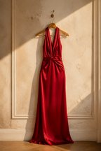 Red silk column maxi dress, hanging on wooden hanger against plaster wall