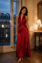 Red silk column maxi dress, front view, halter neckline and draped bodice