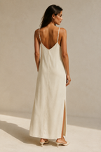 Ivory linen slip maxi dress, back view, unstructured back with thin straps