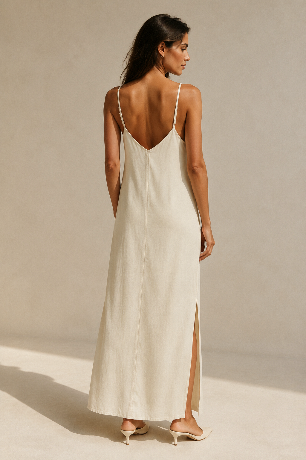 Ivory linen slip maxi dress, back view, unstructured back with thin straps