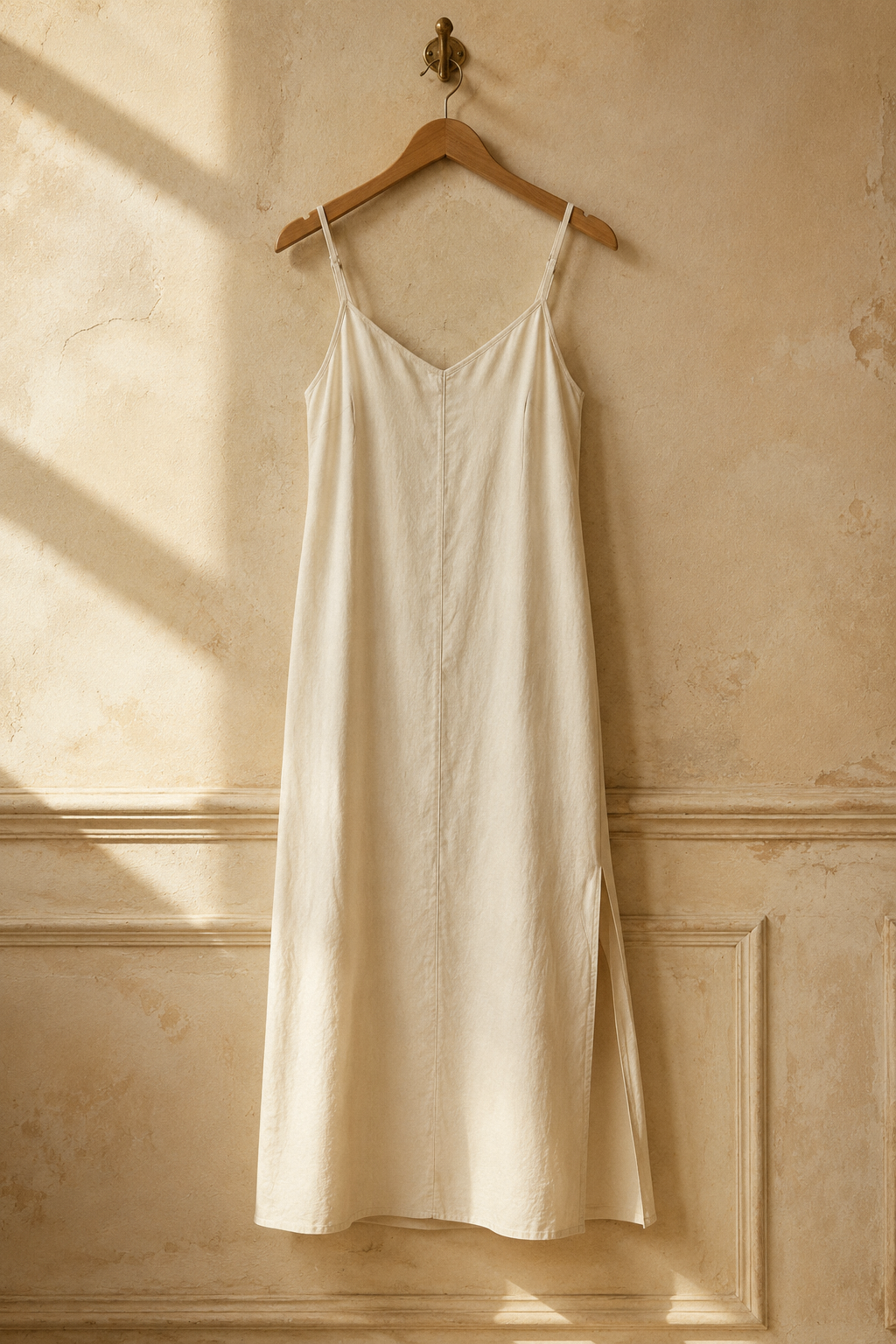 Ivory linen slip maxi dress, hanging on wooden hanger against plaster wall