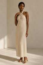 Beige linen column maxi dress, full front view, flowing maxi length