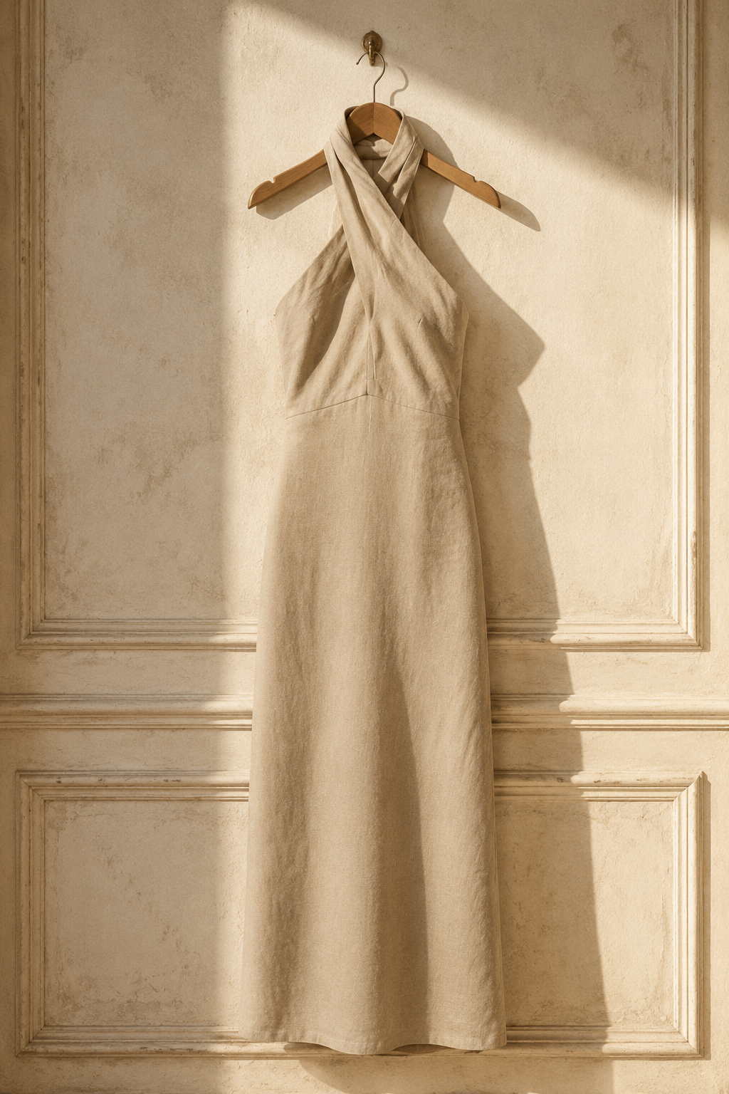 Beige linen column maxi dress, hanging on wooden hanger against plaster wall