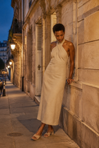 Beige linen column maxi dress, front view, halter neckline and column silhouette