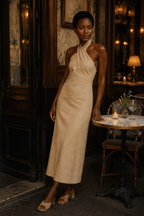 Beige linen column maxi dress, lifestyle, ocean breeze and sunlit comfort