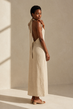 Beige linen column maxi dress, three-quarter view, soft drape and relaxed fit