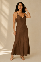 Brown linen slip maxi dress, full front view, smooth front, long flowing skirt