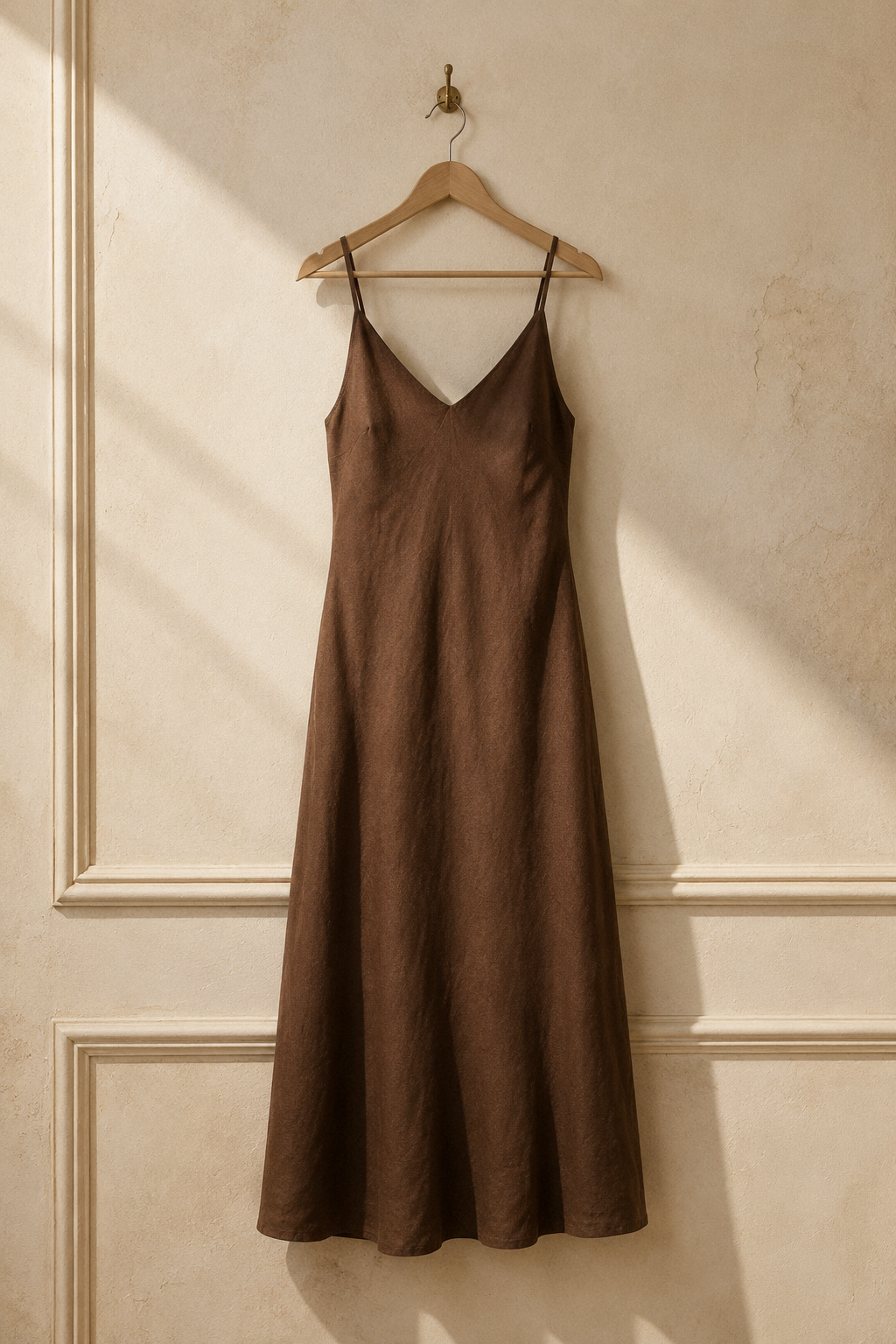 Brown linen slip maxi dress, hanging on wooden hanger against plaster wall