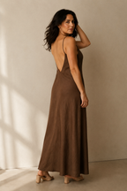 Brown linen slip maxi dress, three-quarter view, gentle drape, relaxed fit