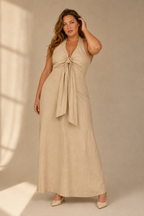 Beige linen a-line maxi dress, full front view, front tie detail, flowing A-line skirt, natural linen