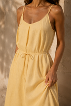 Butter yellow linen slip maxi dress, fabric detail, flax weave in raking light