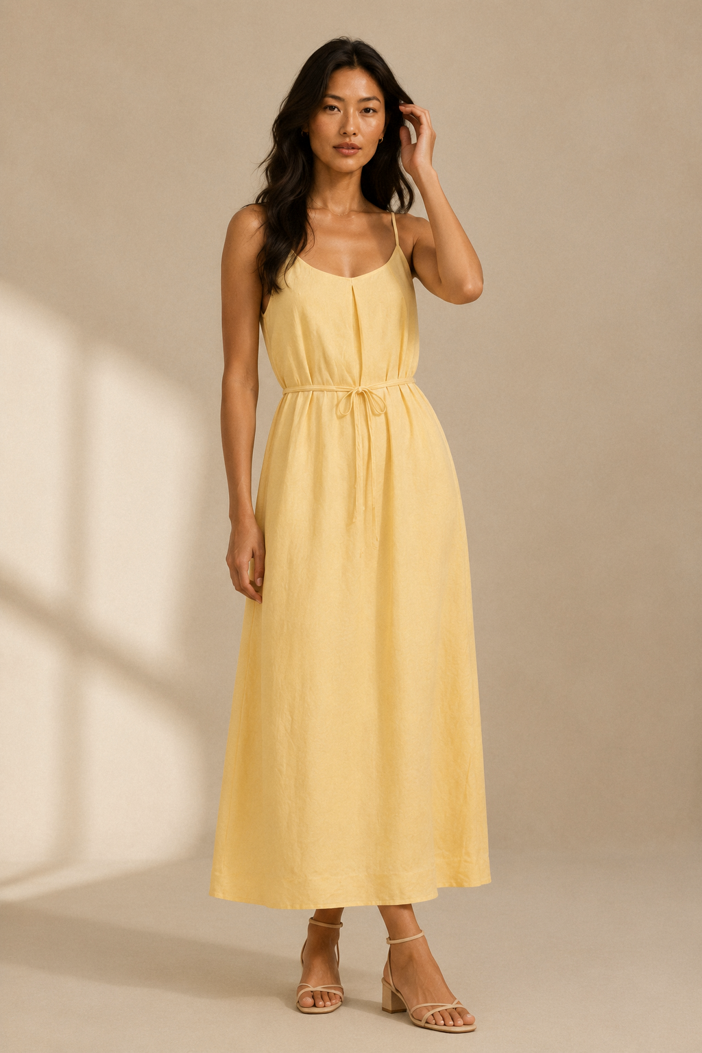 Butter yellow linen slip maxi dress, full front view, flowing maxi skirt