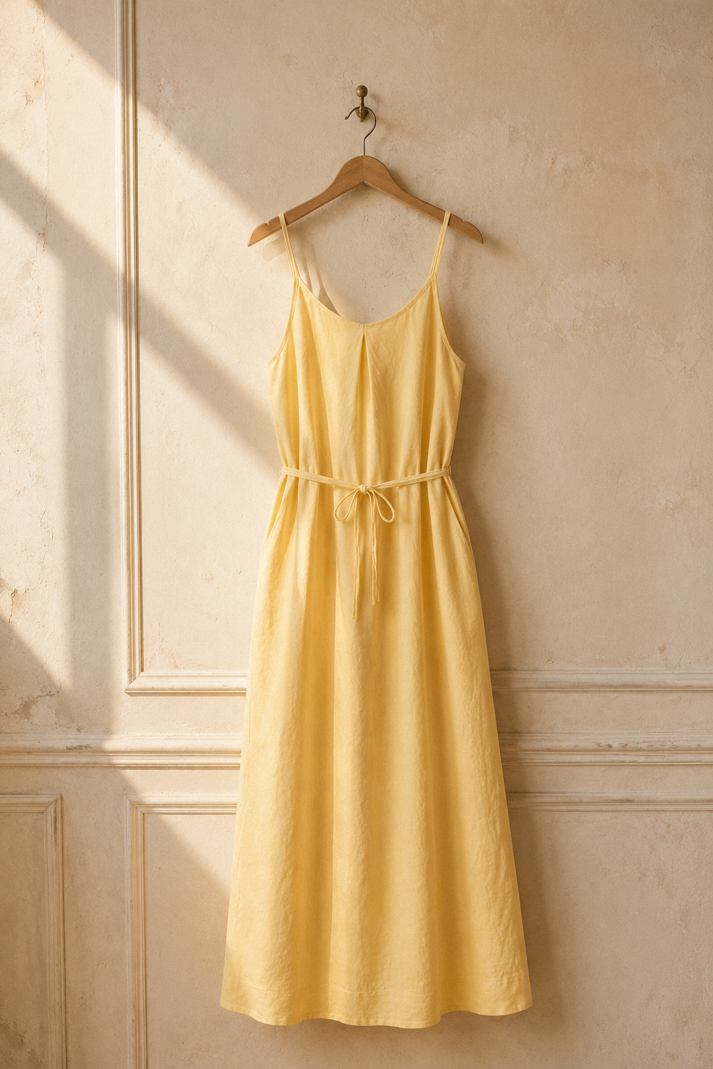 Butter yellow linen slip maxi dress, hanging on wooden hanger against plaster wall