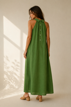 Green linen shift maxi dress, back view, collared back and button placket