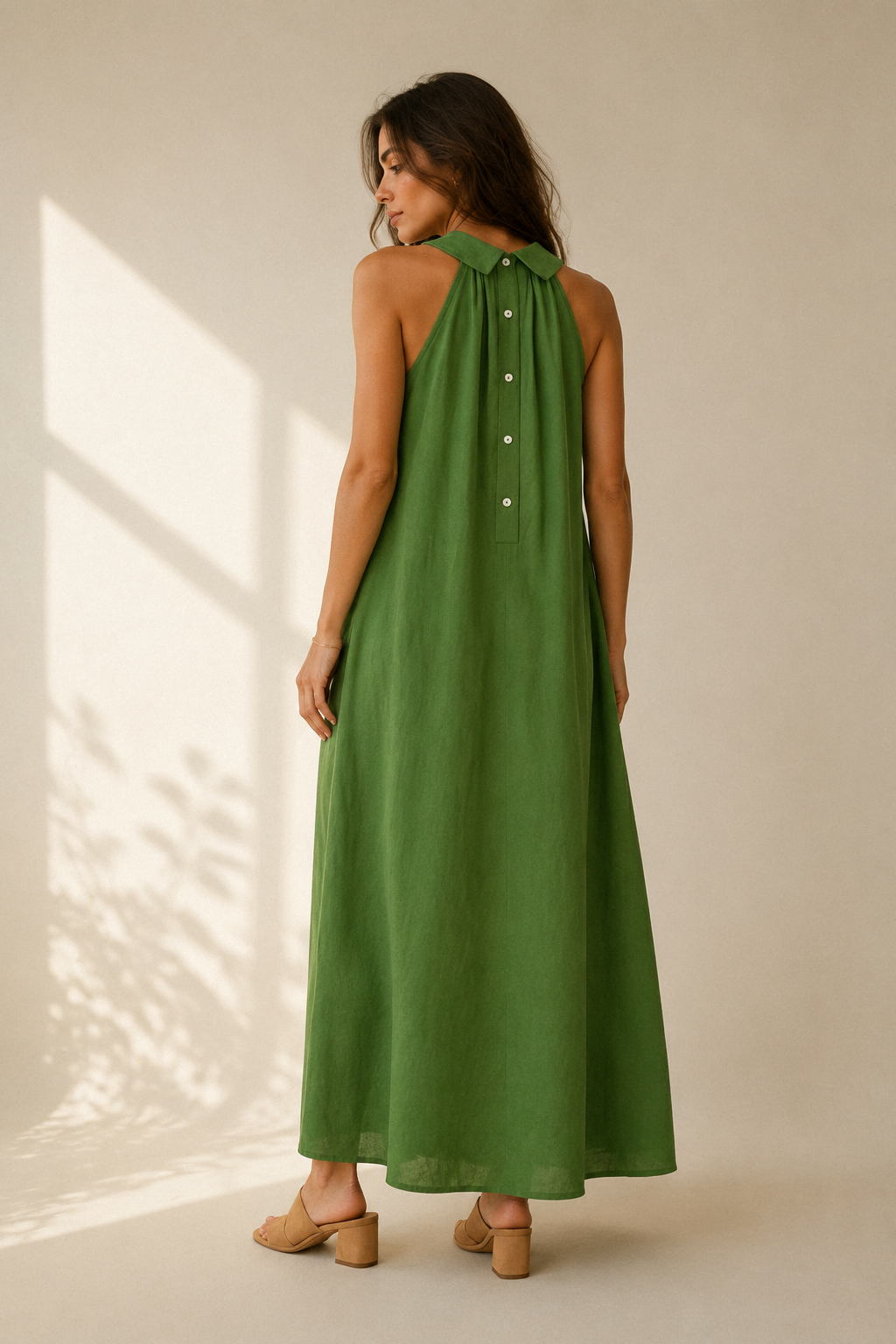 Green linen shift maxi dress, back view, collared back and button placket