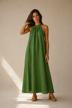 Green linen shift maxi dress, full front view, clean front and flowing silhouette