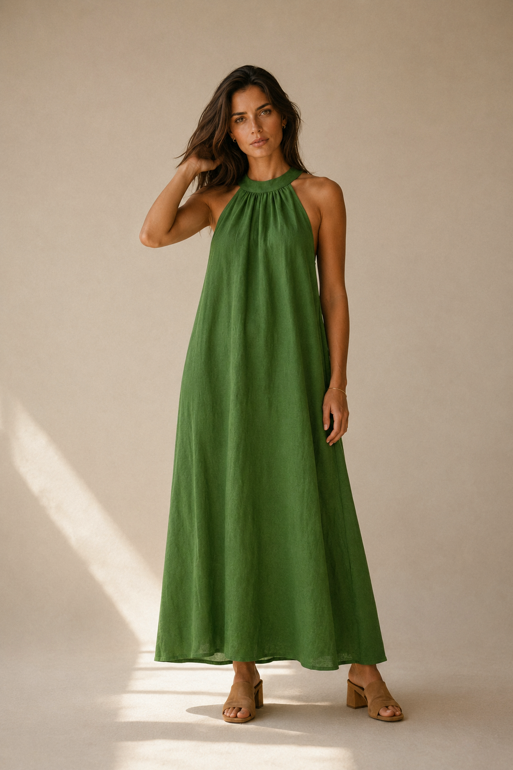 Green linen shift maxi dress, full front view, clean front and flowing silhouette