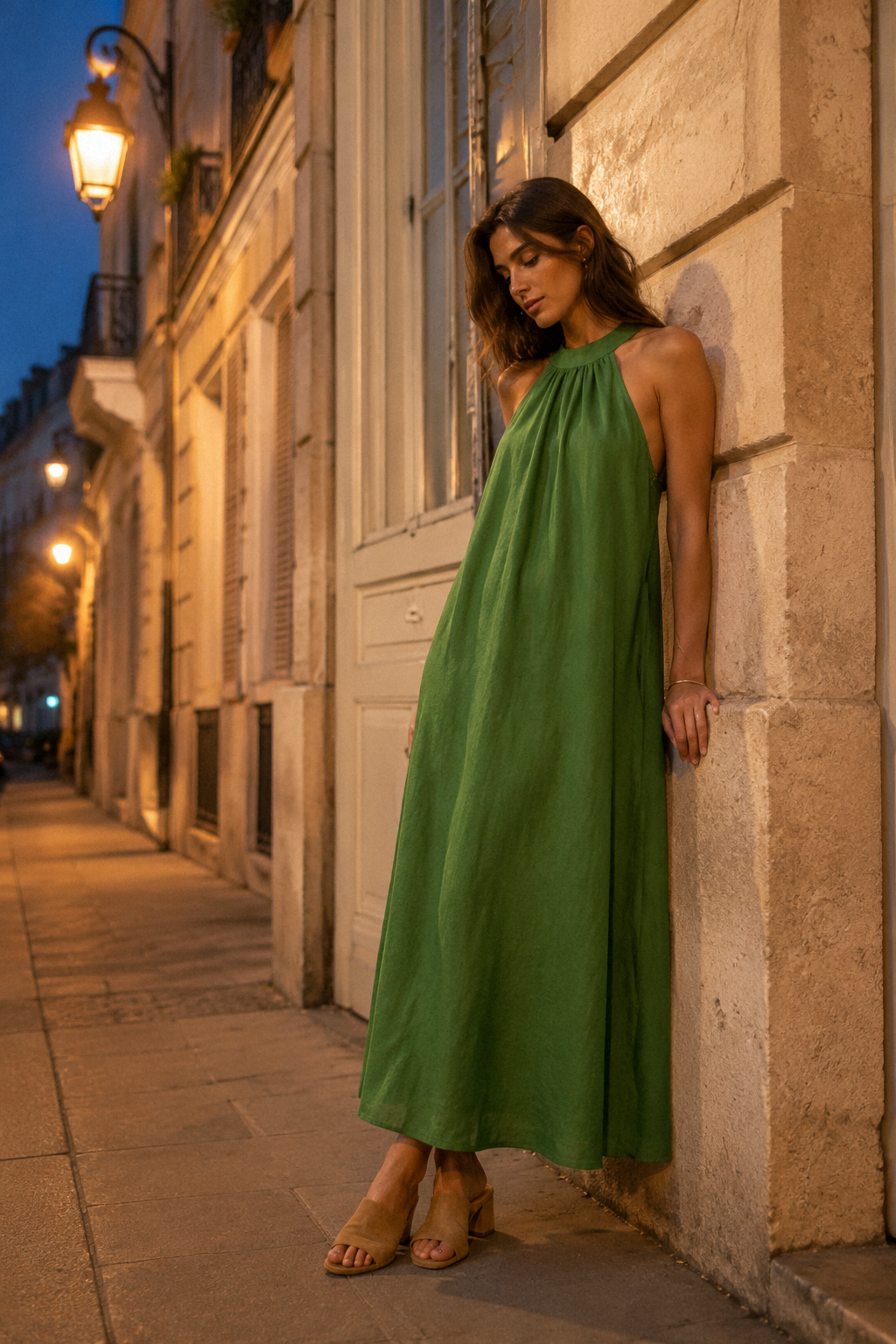Green linen shift maxi dress, front view, high neckline and relaxed drape