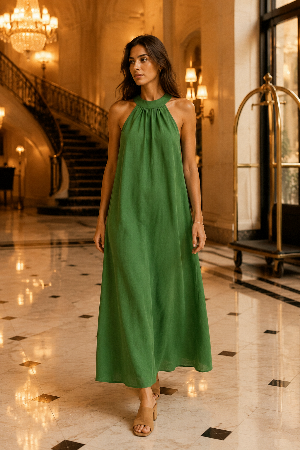 Green linen shift maxi dress, lifestyle, strolling through a sunlit garden
