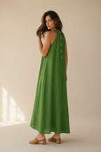 Green linen shift maxi dress, three-quarter view, fabric movement and maxi length