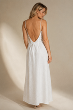 White linen slip maxi dress, back view, deep scoop back and thin straps