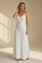 White linen slip maxi dress, full front view, simple scoop front