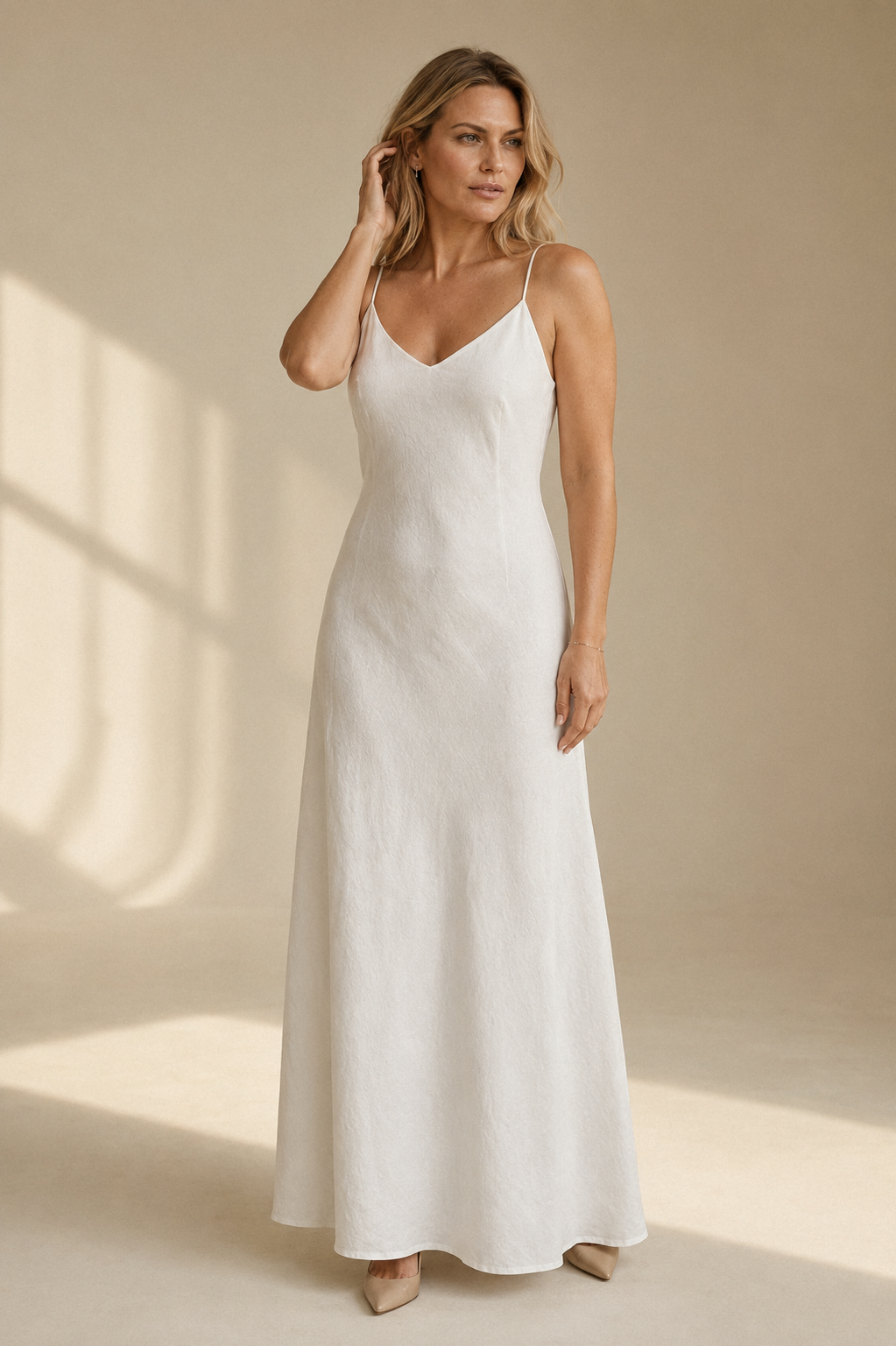 White linen slip maxi dress, full front view, simple scoop front