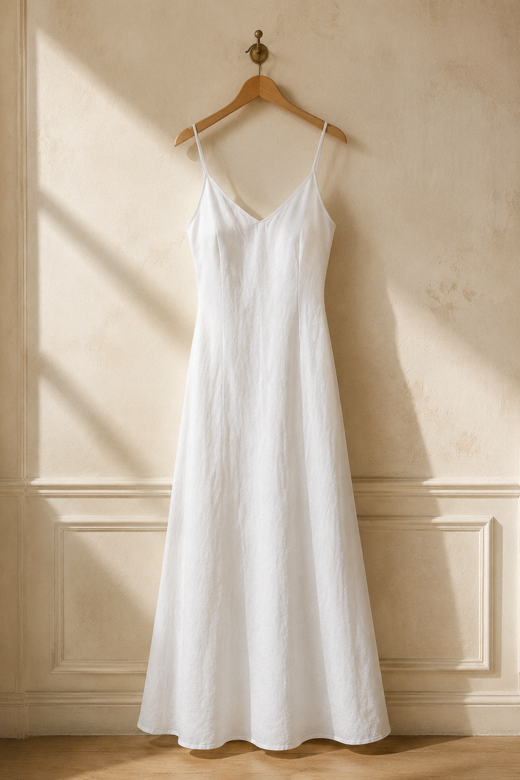 White linen slip maxi dress, hanging on wooden hanger against plaster wall
