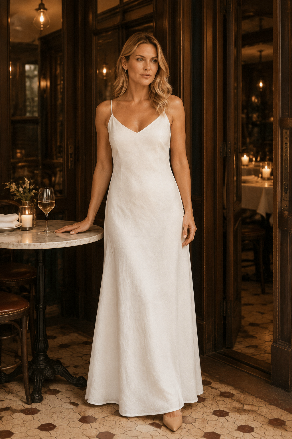 White linen slip maxi dress, lifestyle, garden path in natural light