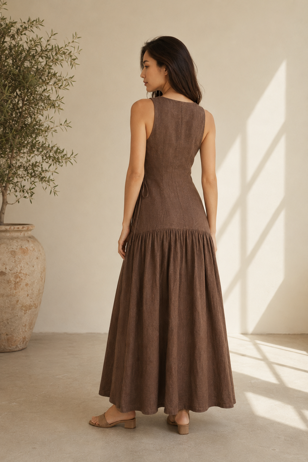 Brown linen wrap maxi dress, back view, smooth back, relaxed skirt drape