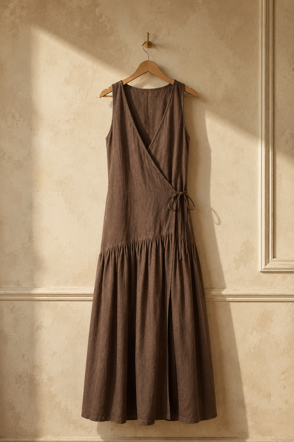 Brown linen wrap maxi dress, hanging on wooden hanger against plaster wall