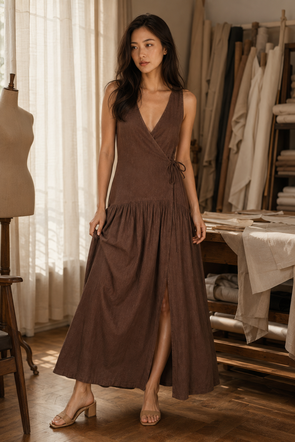 Brown linen wrap maxi dress, lifestyle, warm afternoon light, natural shadows