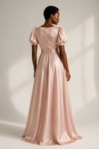 Blush pink silk a-line maxi dress, back view, fitted bodice, soft skirt release