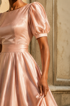 Blush pink silk a-line maxi dress, fabric detail, soft sheen in raking light