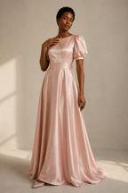 Blush pink silk a-line maxi dress, full front view, smooth silk fabric, flowing maxi skirt