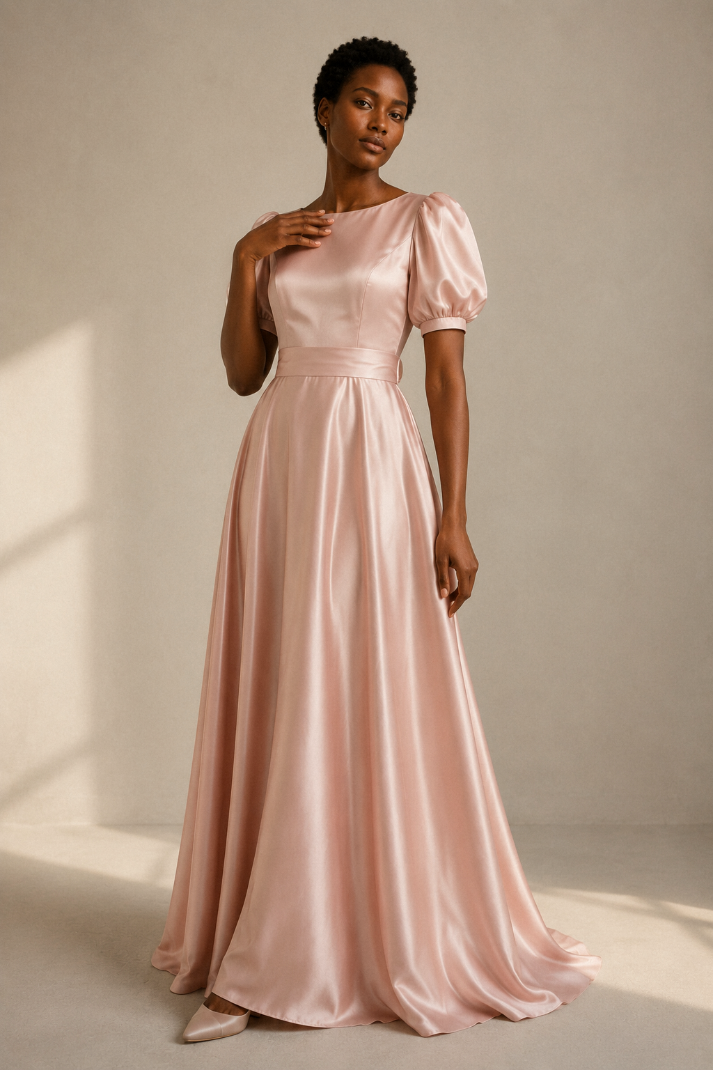 Blush pink silk a-line maxi dress, full front view, smooth silk fabric, flowing maxi skirt