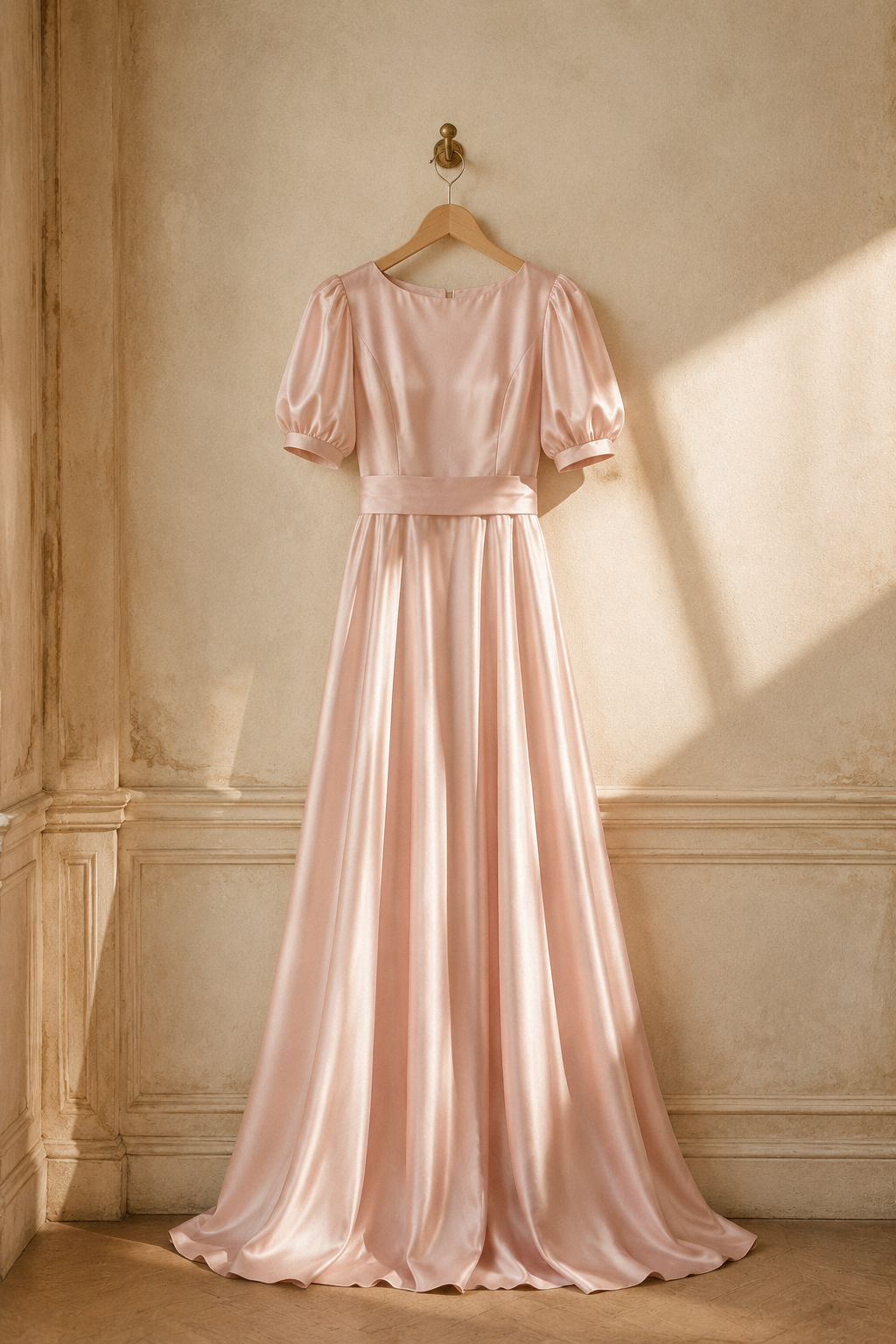 Blush pink silk a-line maxi dress, hanging on wooden hanger against plaster wall