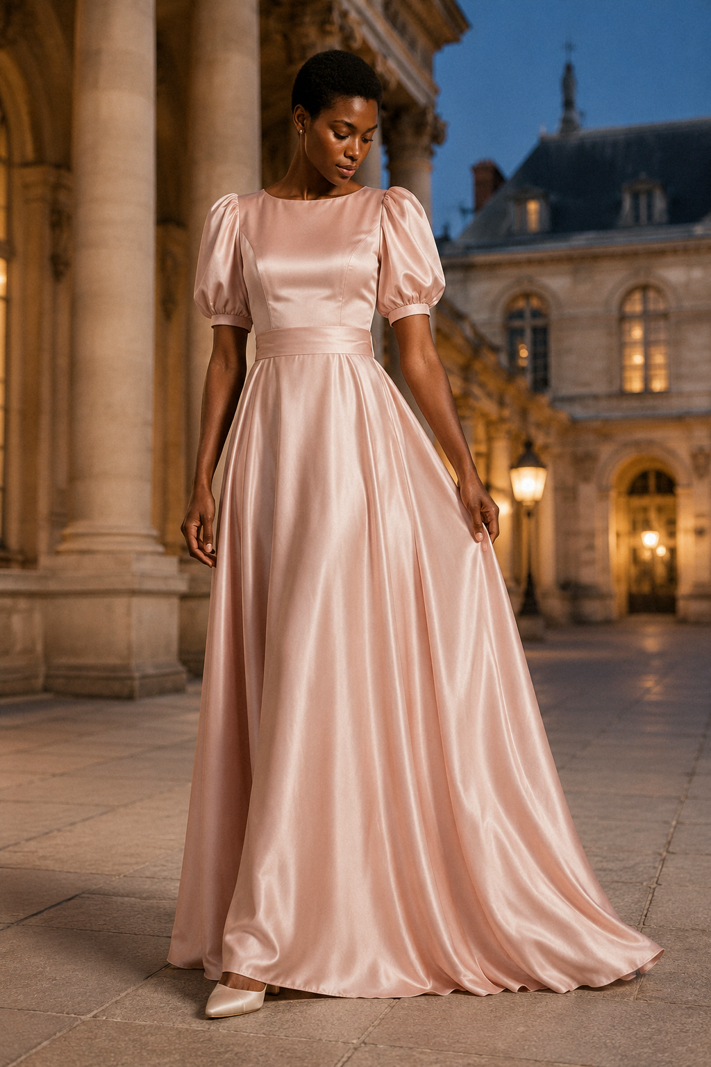 Blush pink silk a-line maxi dress, front view, round neckline, puff sleeves, defined waist