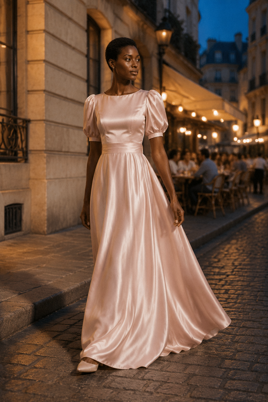 Blush pink silk a-line maxi dress, lifestyle, soft light, quiet elegance