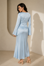 Light blue silk column maxi dress, back view, smooth back and fluid silhouette