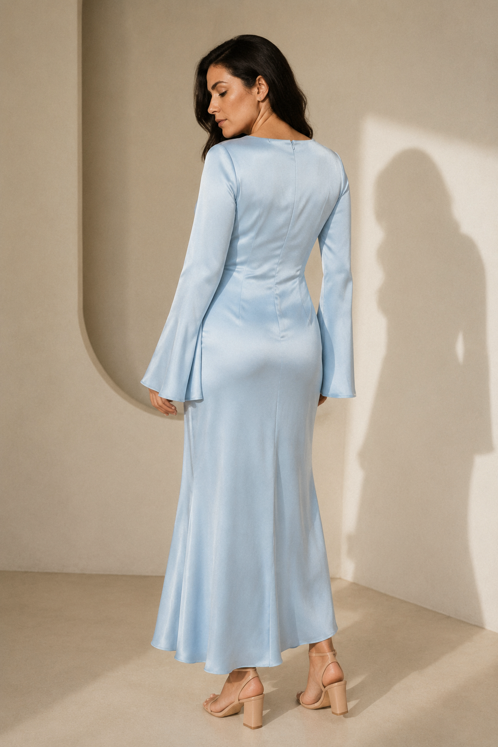 Light blue silk column maxi dress, back view, smooth back and fluid silhouette