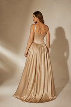 Champagne silk column maxi dress, back view, smooth back and column skirt