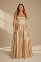 Champagne silk column maxi dress, full front view, structured bodice and gathered waist