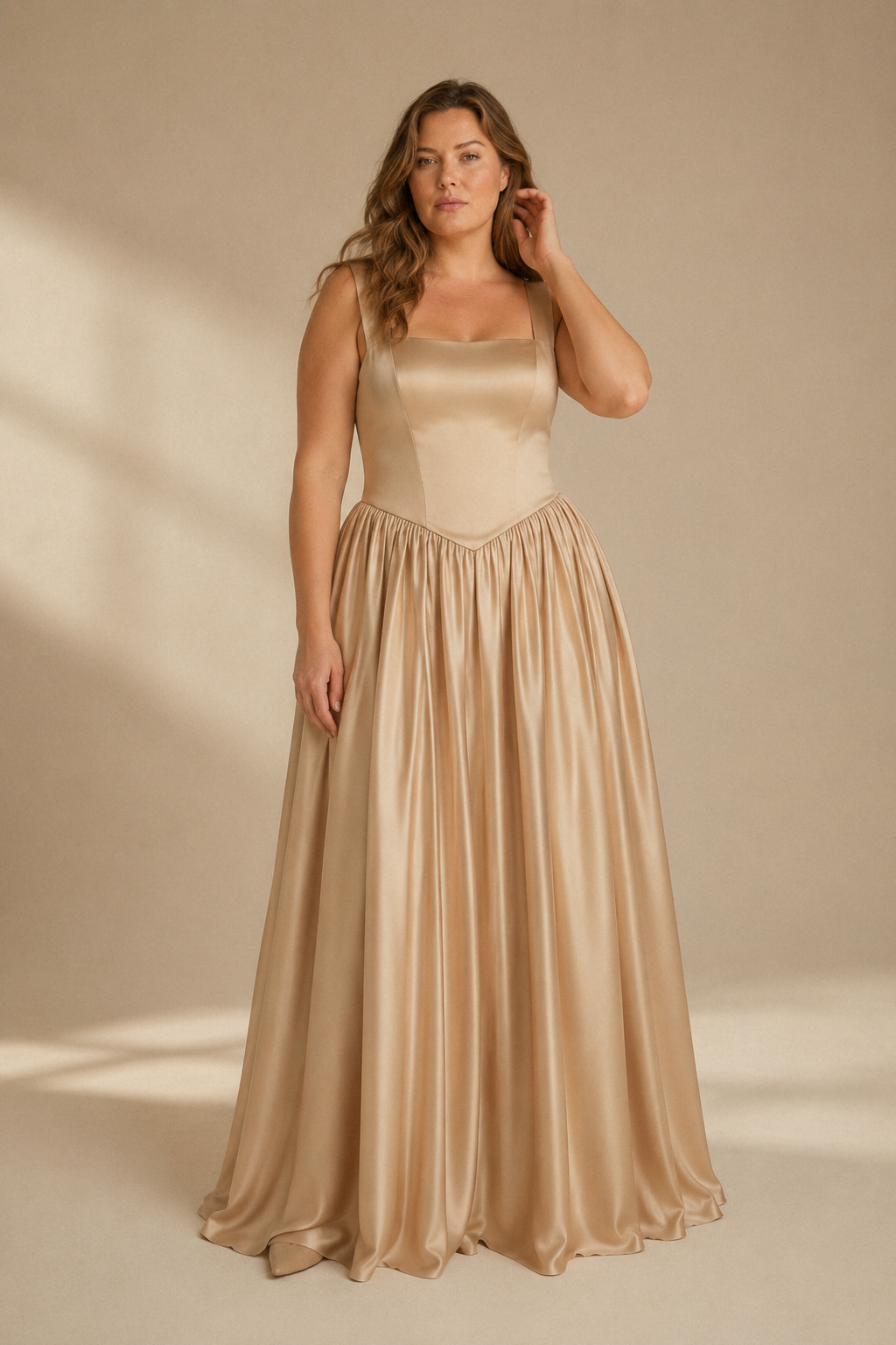 Champagne silk column maxi dress, full front view, structured bodice and gathered waist