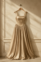 Champagne silk column maxi dress, hanging on wooden hanger against plaster wall