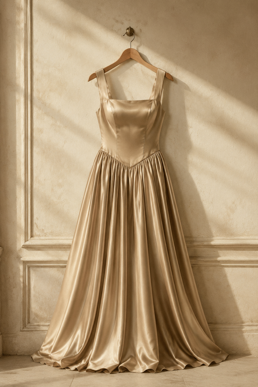Champagne silk column maxi dress, hanging on wooden hanger against plaster wall