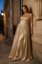 Champagne silk column maxi dress, front view, straight neckline and flowing skirt